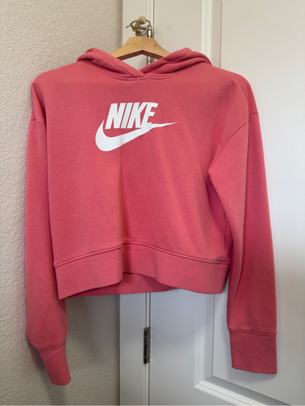 Nike Women's Rose Pink Cropped Hoodie with White Swoosh